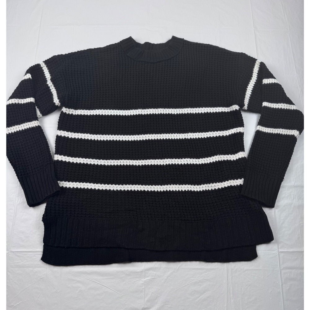 Waffle Knit Sweater Black White Striped Crew Neck Large O Goods For Life